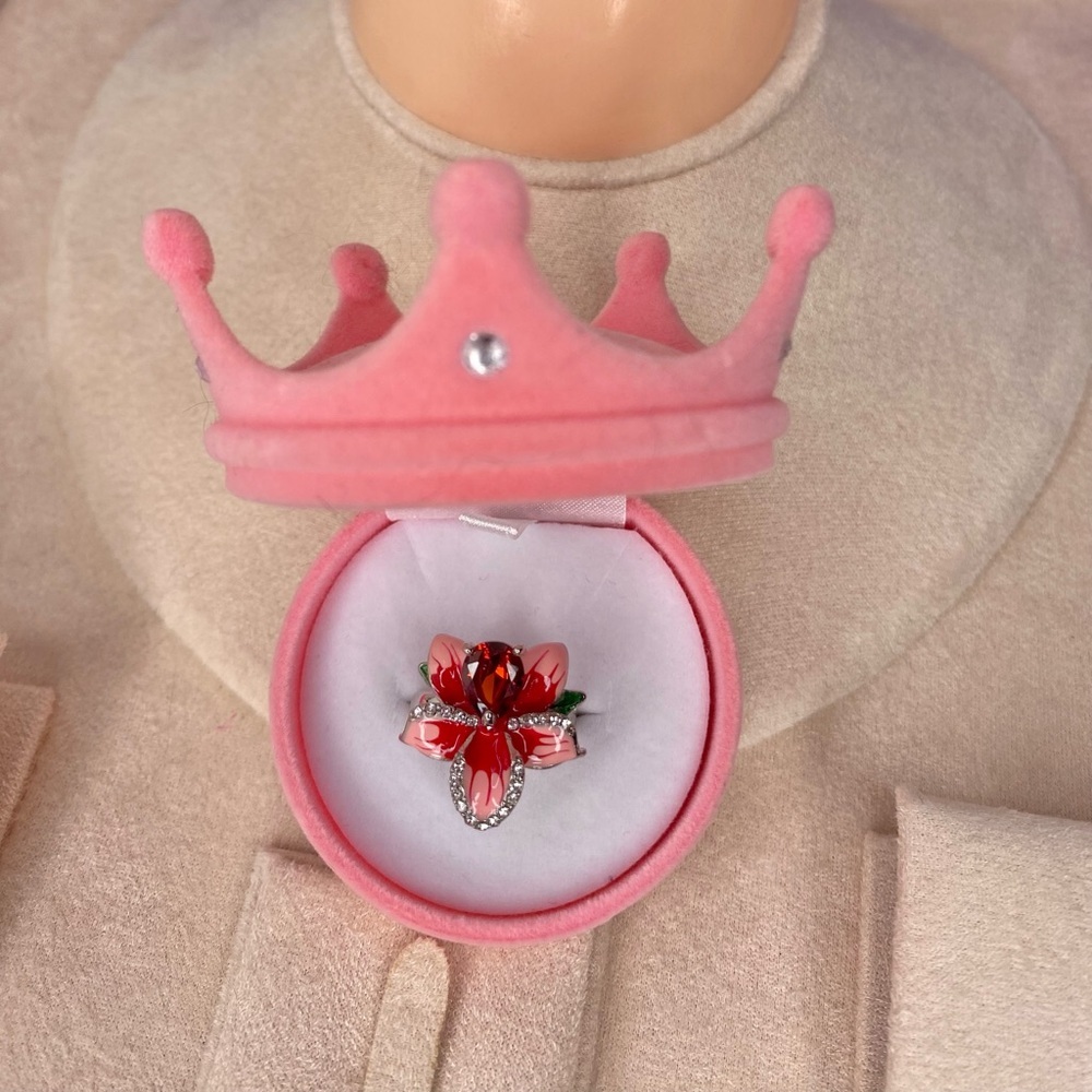 🌹 Silver Pink & Ruby Red Rhinestone Floral Ring 6 🌹 Including Velvet👑 Gift Box 🎀 - Picture 5 of 14